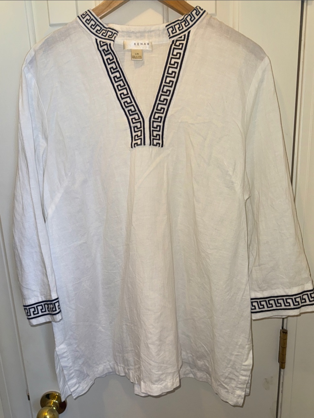 Kenar White Linen Tunic with Navy Greek Key Trim